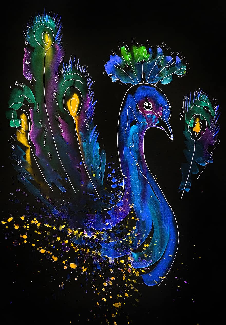 paw, ptak, Poświata fosforu, Neonowe malowanie, dzieło sztuki, farba fluorescencyjna, świecące farby, Farby fosforowe, malatura, Ręcznie robione grafiki, piękny