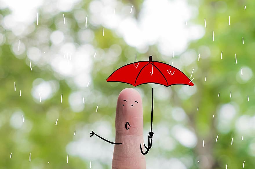 손가락 예술, 혼자, 비, 감정, 우산, 옥외, 날씨, 빗방울, 손가락, 미술, 그림