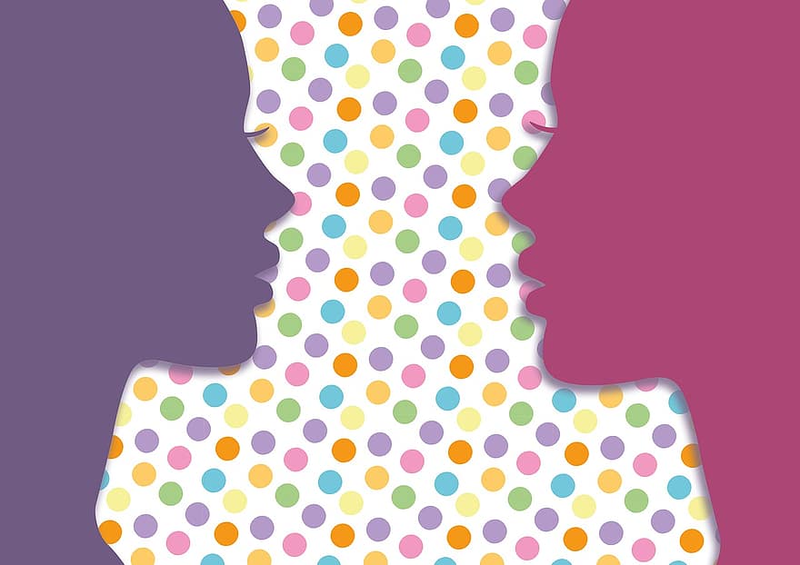 kvinnor, internationella kvinnodagen, bakgrund, kvinna, polka prickar, färgrik, silhuett, cirklar, dekoration