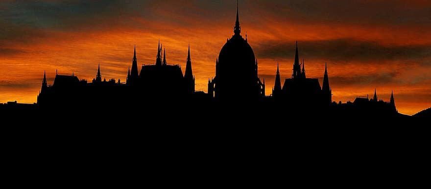 solnedgång, stad, budapest, parlament, arkitektur, skymning, byggnad, historia