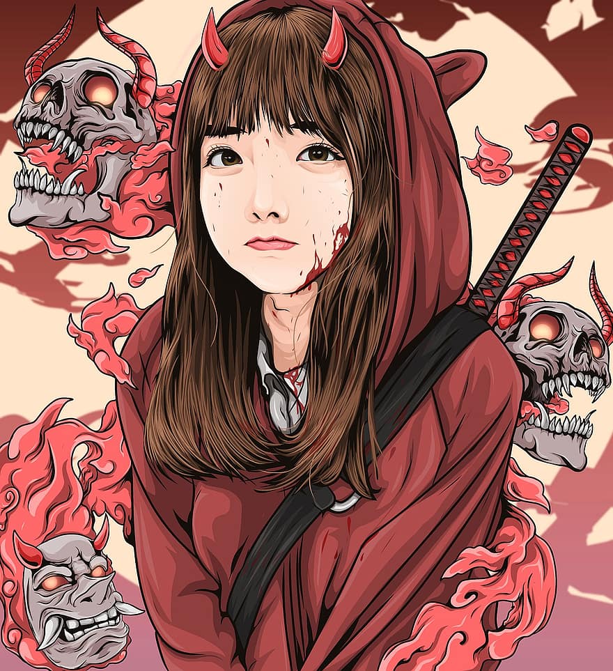 Demon, Woman, Skulls, Ninja, Blood, Girl, Horns, Murder, Japanese