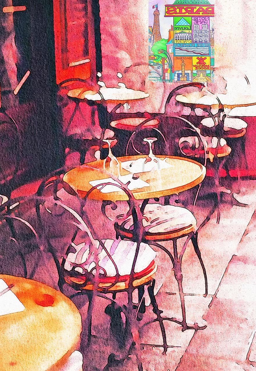 Cafeteria aquarel·la, París cafe, bistro, restaurant, França, taula, europa, francès, cafè, ciutat, vorera