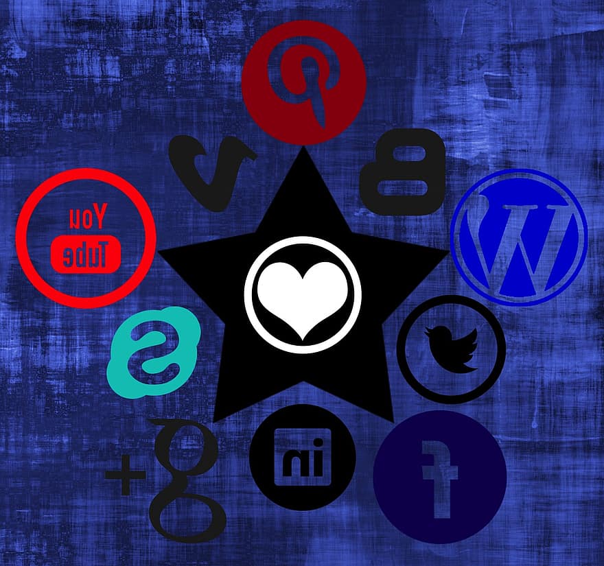 사회적인, 미디어, 아이콘들, 별, 그런지 배경, 소셜 미디어, 인터넷, 편물, 통신, 회로망, 과학 기술