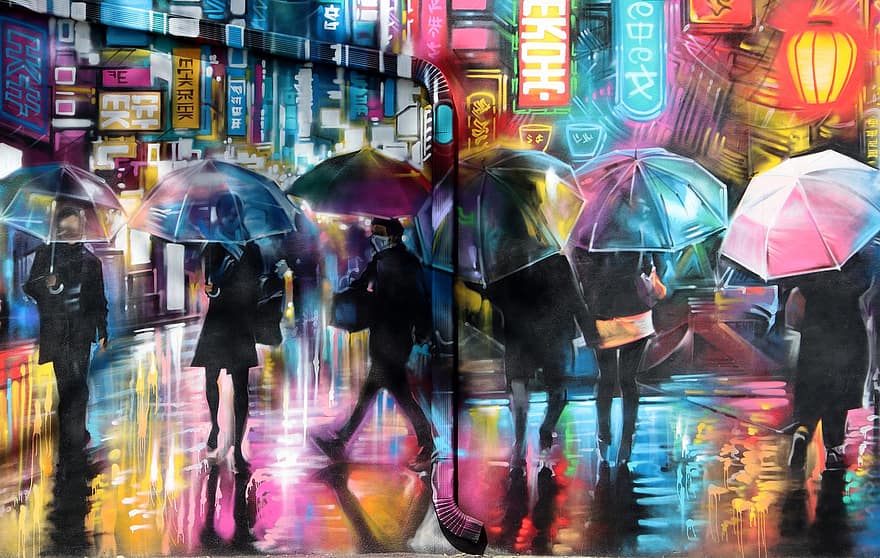 muurschildering, graffiti, muur kunst, straatkunst, kunst, regen, paraplu, straat, kleurrijke kunst, mannen, nacht