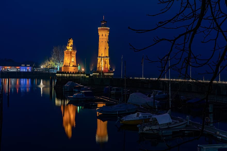 Lake Constance, Lighthouse, Night, Lindau, Port, Evening, dusk, water, famous place, nautical vessel, illuminated