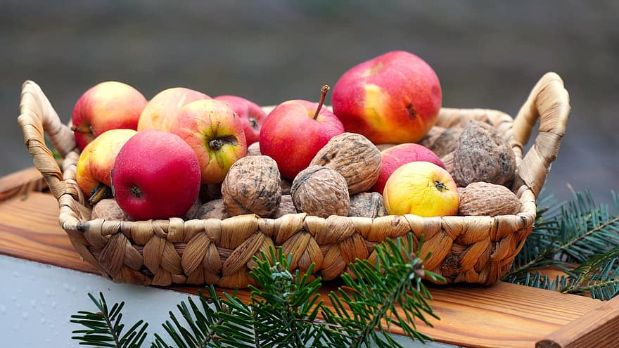 alma, dió, kosár, megérkezés, Karácsony, gyárt, élelmiszer, ehető, gyümölcsök, organikus