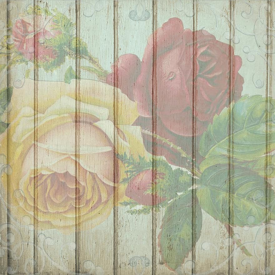 Vintage ▾, Rose, di legno, sfondo, floreale, romantico, vecchio, grunge, morbido, carta, mazzo