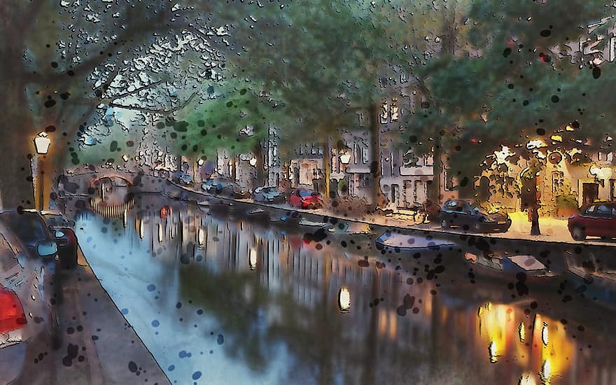 вода, размисъл, град, градски, панорамен, изглед, Холандия, изкуство, работа, снимка, манипулация
