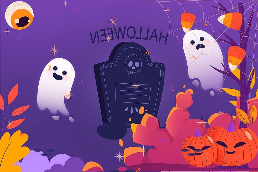 Halloween, zucche, fantasma, ragnatela, lapide, decorazioni di Halloween, celebrazione di Halloween, sfondo di Halloween, sfondo, design
