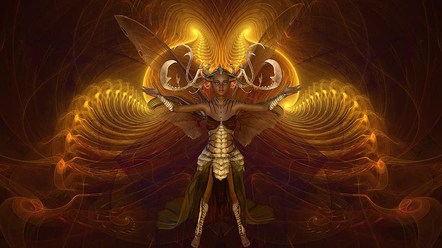Fairy, Gold, Angel, Design, Digital, Fantasy, illustration, abstract, futuristic, backgrounds, pattern