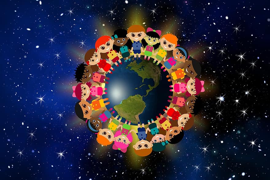 kinderen, hand in hand, wereldbol, ruimte, ster, hemel, harmonie, meisje, jongen, vrienden, genegenheid