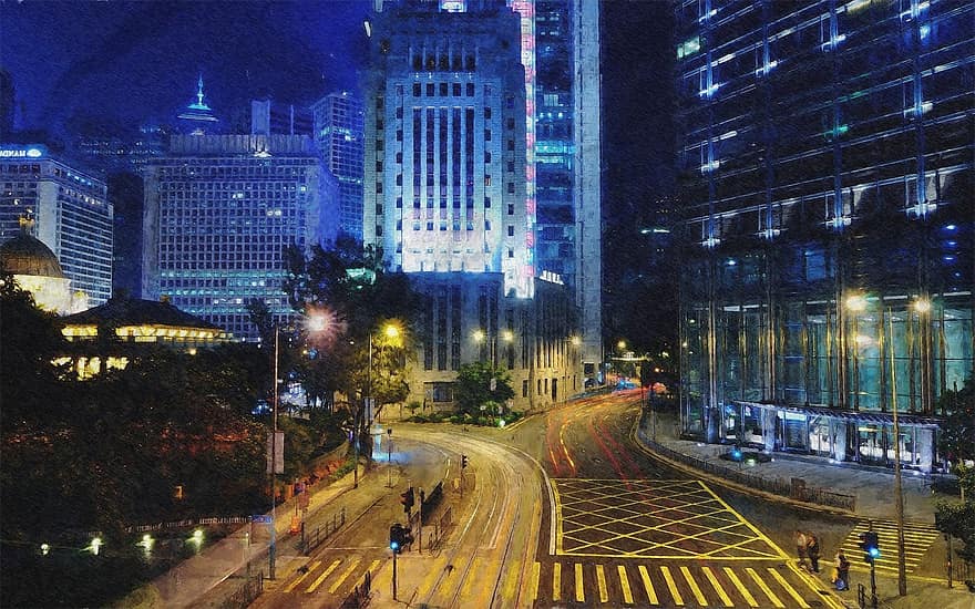 venkovní, noc, večer, čas, Asie, Hongkong, hk, ulice, silnice, struktura, světla