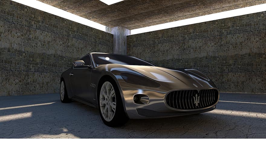 Maserati, Maserati Gt, yksivärinen, hopea, auto, muoto, metallinen, auringon heijastukset, varjo, sali, betoniseinä