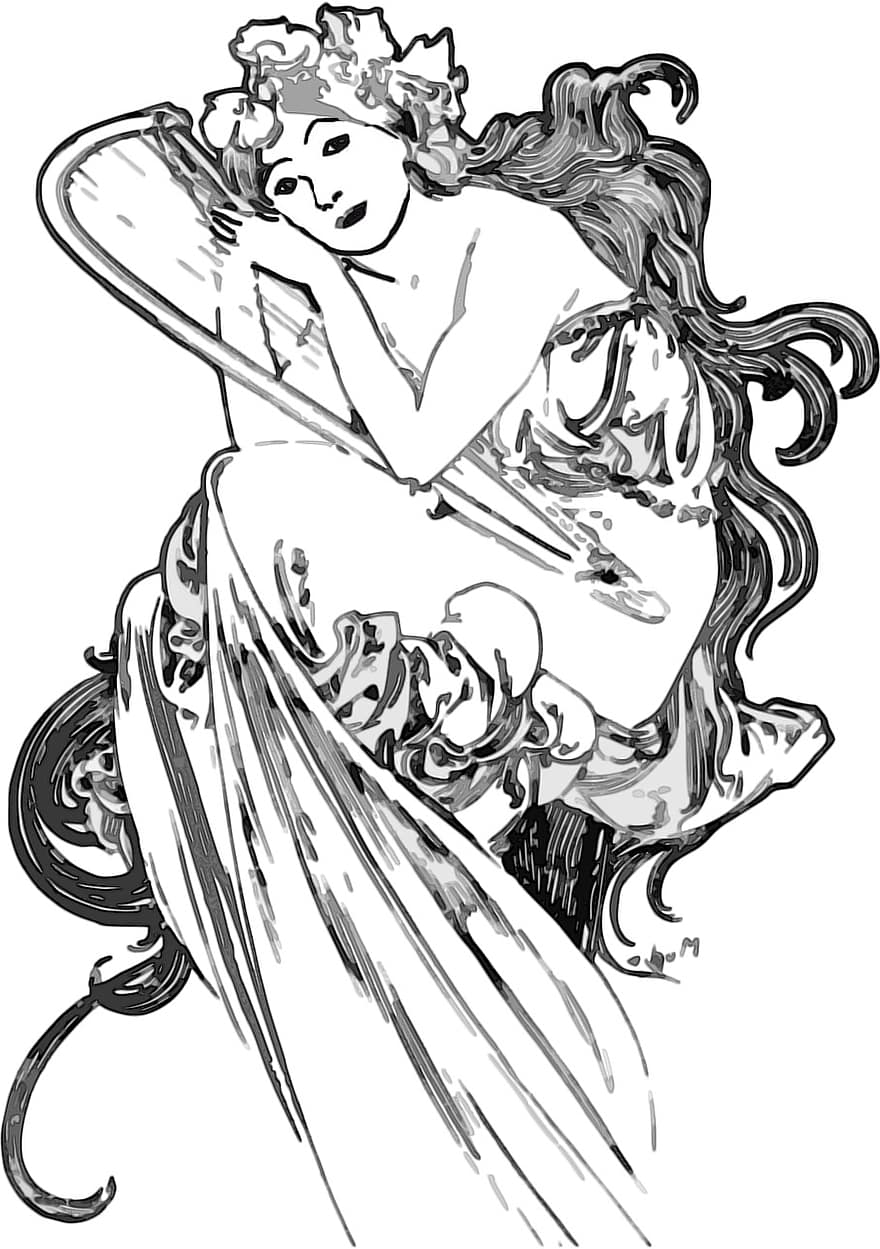 illustratie, vrouw, wijnoogst, mucha, tekening, muze, harp, godin, 1920, oud, meisje