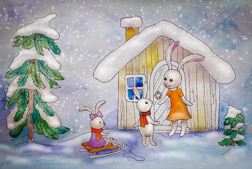 kış, tavşanlar, ev, aile, anne, çocuklar, tavşan, kulübe, kar, orman, kar yağışı