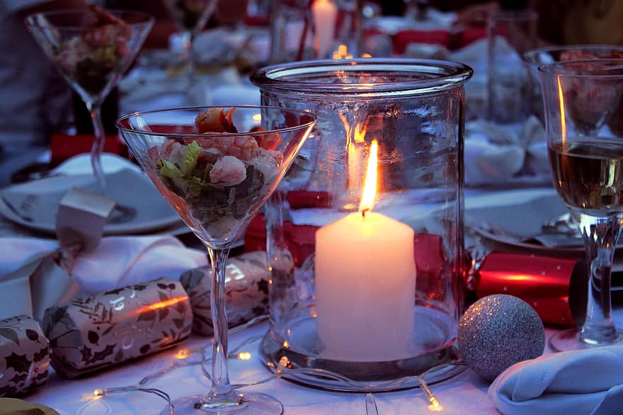 Natal, jantar, decoração, luz de velas, configuração de mesa