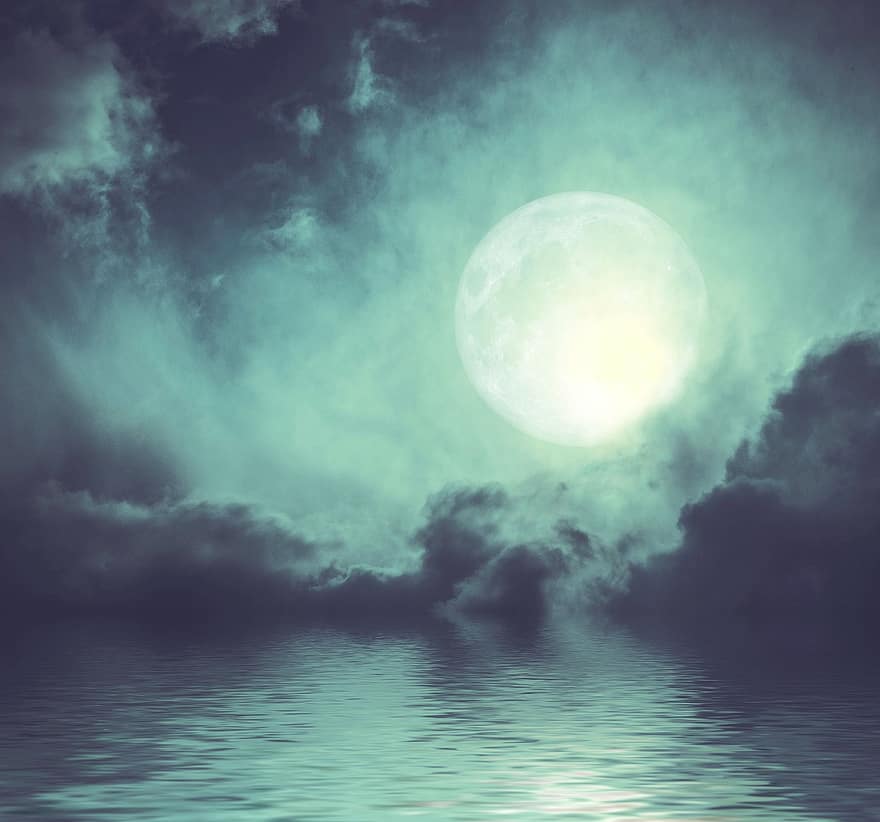måne, moln, sjö, månsken, fullmåne, fantasi, mystisk, atmosfär, vatten, natur, natt