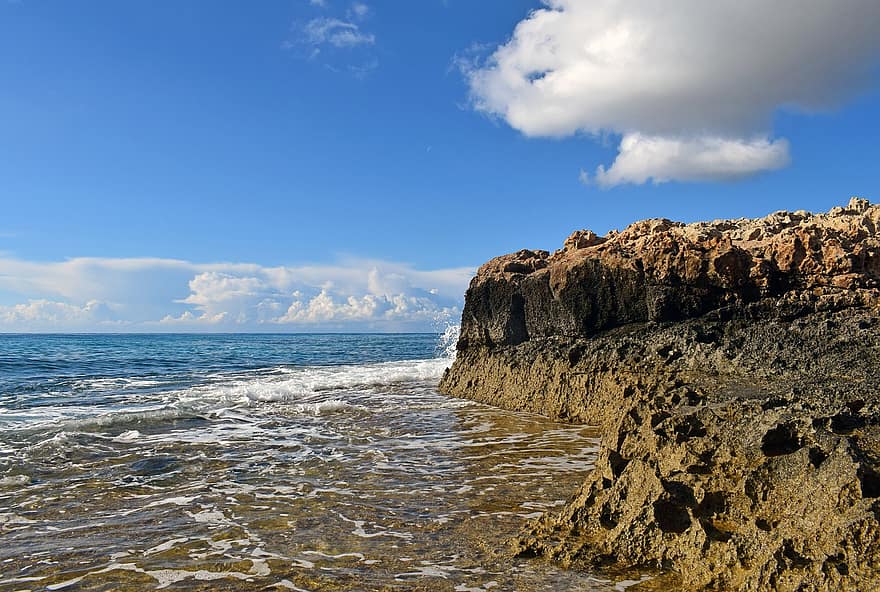 Rocky Coast, Sea, Sky, Clouds, Nature, Scenery, Rock, Cliff, Landscape, Ayia Napa, Cyprus