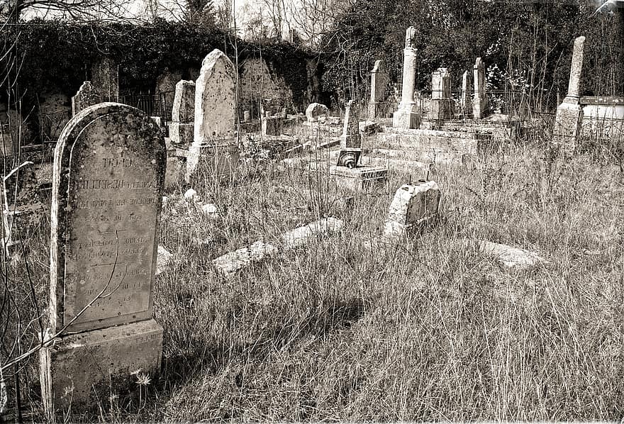 cimetière, tombes, se ruiner, monochrome, enterrement, pierres tombales