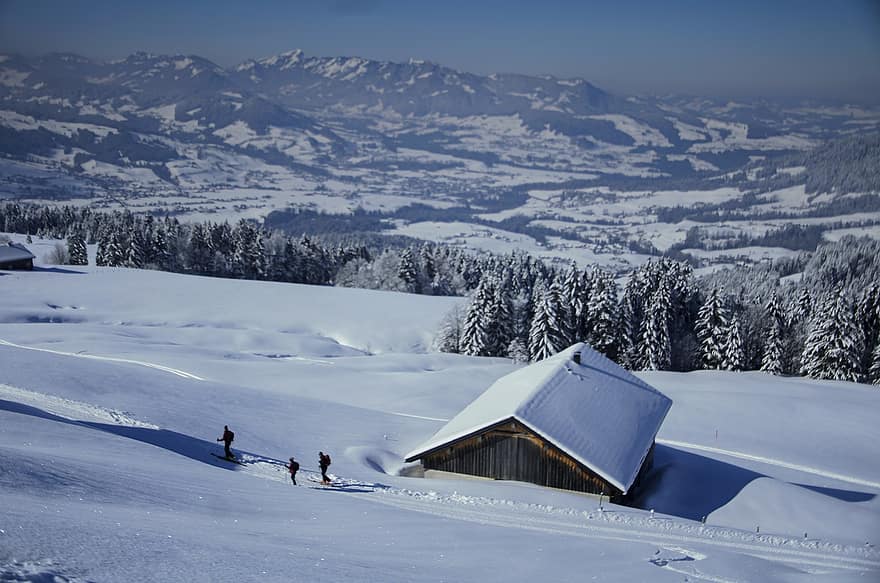 hivern, vent de neu, muntanyes, casa, cabina, arbres, esquiar, fred, neu, Passejada d'hivern, paisatge
