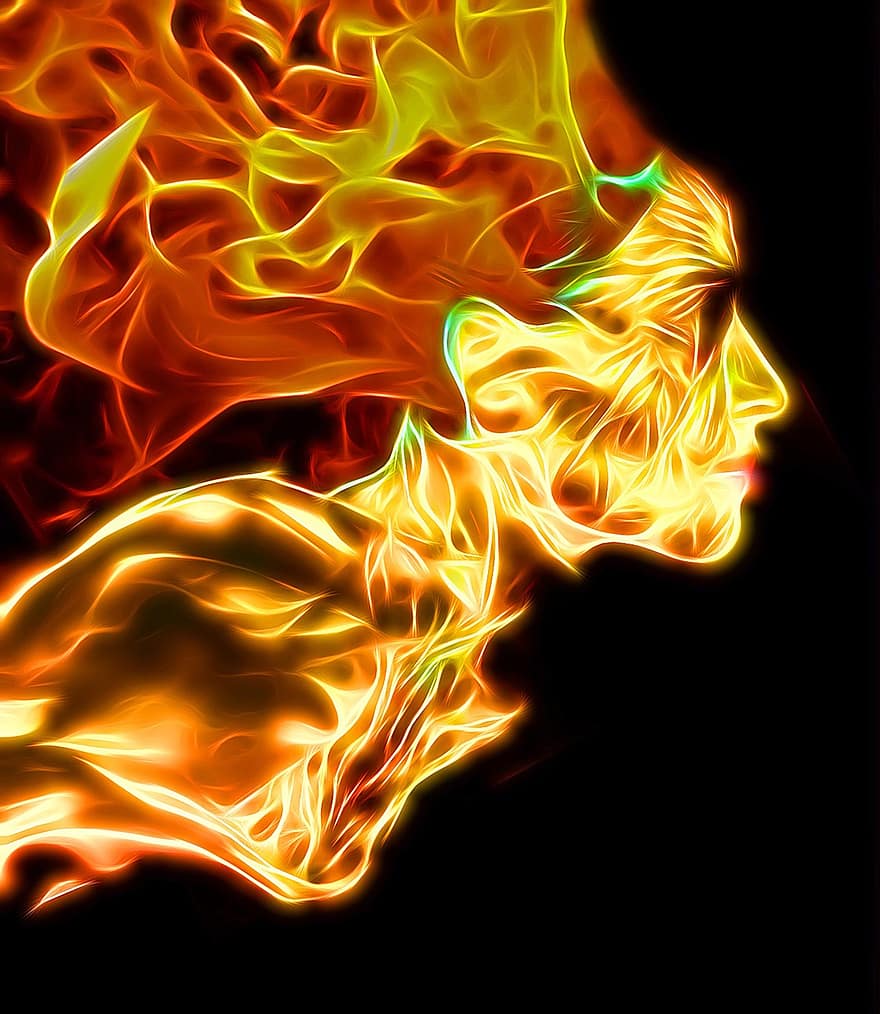 Brann, kvinne, flamme, ansikt, mystiske