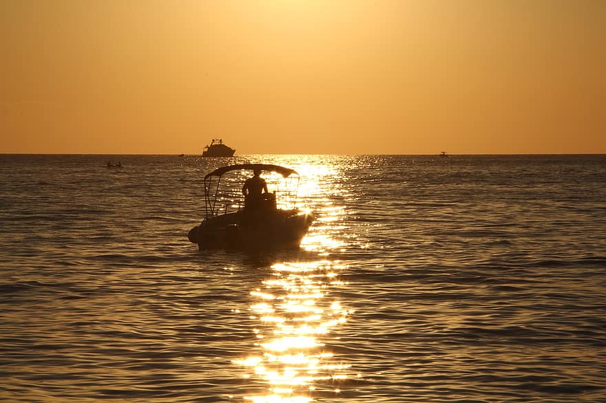 båd, solnedgang, hav, ocean, skumring, udendørs, rejse, adriaterhavet