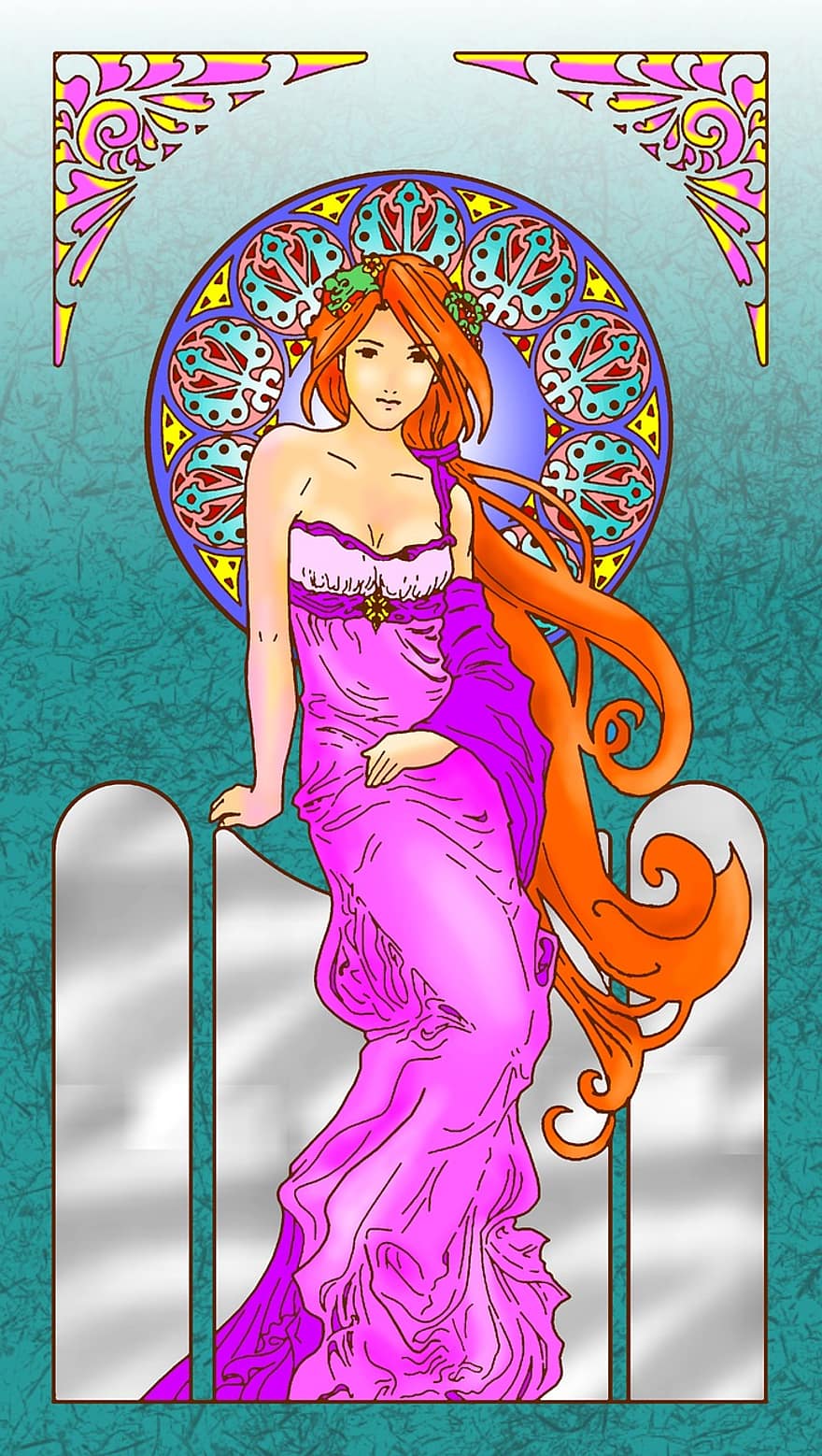 Art Nouveau, página para colorear, mujer, diseño, Art º, dibujo, linda, su, cañutillo, taller de gimp, púrpura
