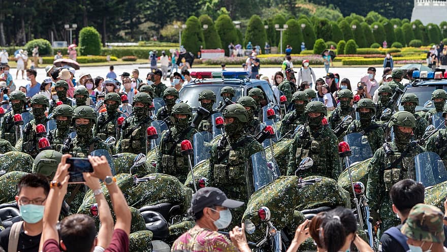 Taiwan, taipei, exèrcit, militar, soldat, guerra, lluitador, dom, multitud, celebració, desfilada