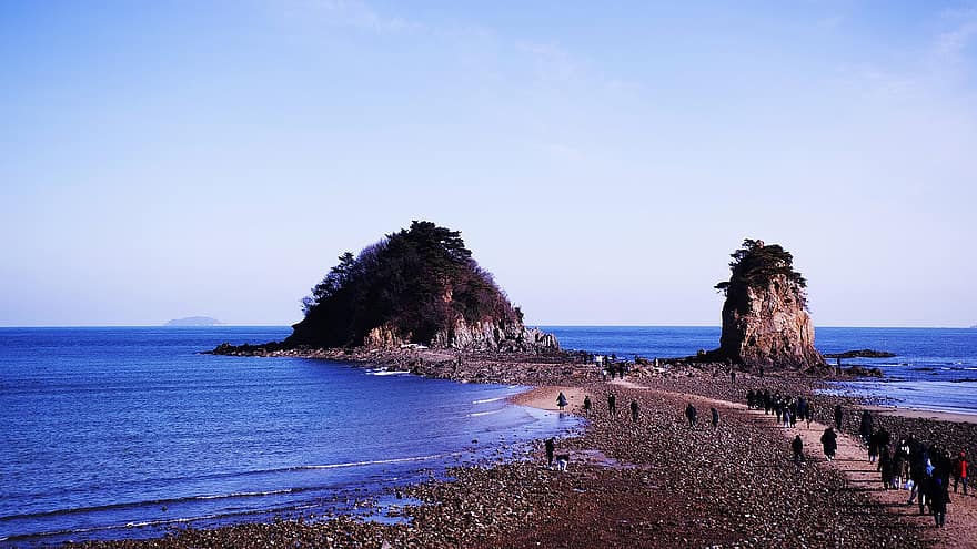 jūra, krastā, Kkotji pludmale, chungcheongnam-do, smiltis, klints, raksturs, ūdens, rietumu jūra, Koreja, Korejas republika