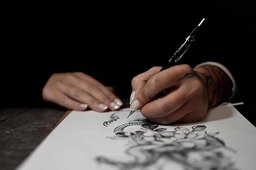 Woman, Tattoo, Body, Design, Hands, Artist, Artistic, Style, Dragon, Sketch, Ink