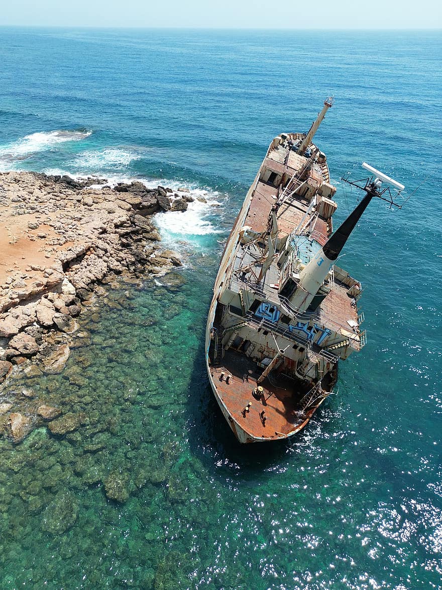 Ship, Wreak, Naval, Transport, Abandoned, Landscape, Aerial, Sea, Blue, Water