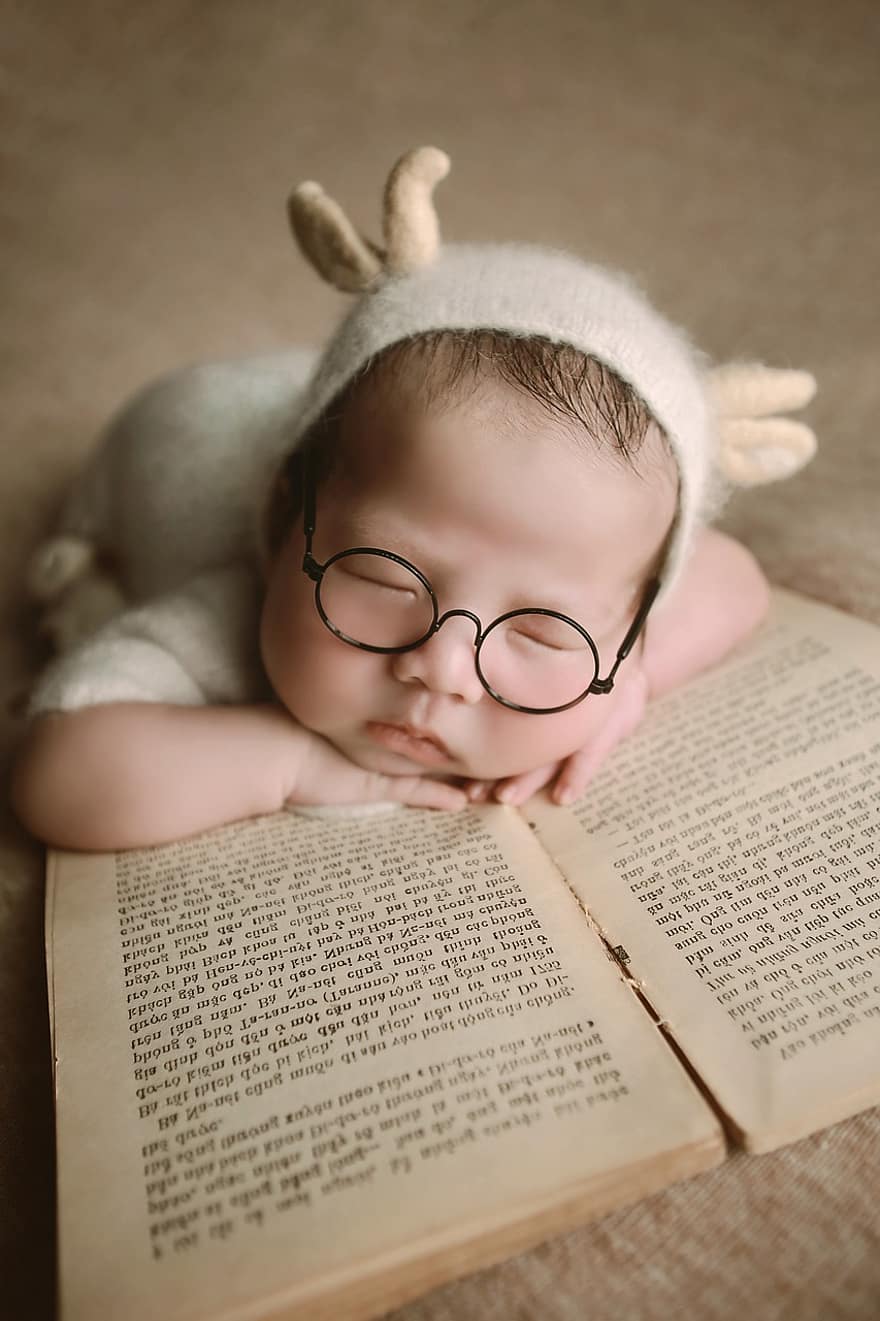 jaundzimušo, bērns, portrets, zīdainis, kostīms, brilles, grāmata, miega, gudrs, burvīgs