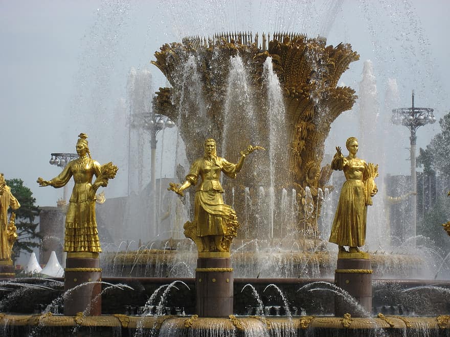 噴水、女性たち、モスクワ、ロシア、歴史的に、図、建築、水、ウォータージェット、濡れている、リラックス