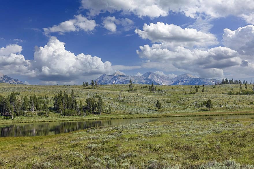 Nacionālais parks, raksturs, ceļot, izpēte, ārā, debesis, mākoņi, Wy, Yellowstone, ainavu, skaists