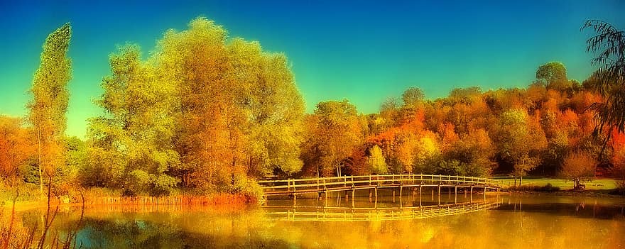 See, Wald, Brücke, Herbst, Taizé, Baum, Blätter, Färbung, Indischer Sommer, Spiegeln, Farbe