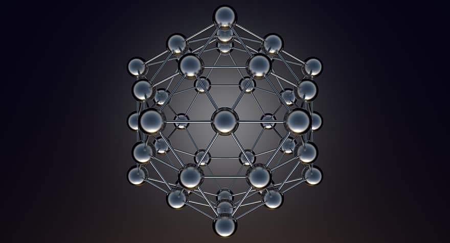 icosahedral, atom, model, bola, konstruksi, 3d, presentasi, animasi, struktur, geometri