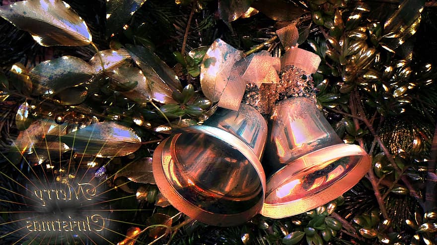 колокольчики, звук, звенит звонок, кольцо, рождество, рождественское приветствие, поздравительная открытка, золото, блеск