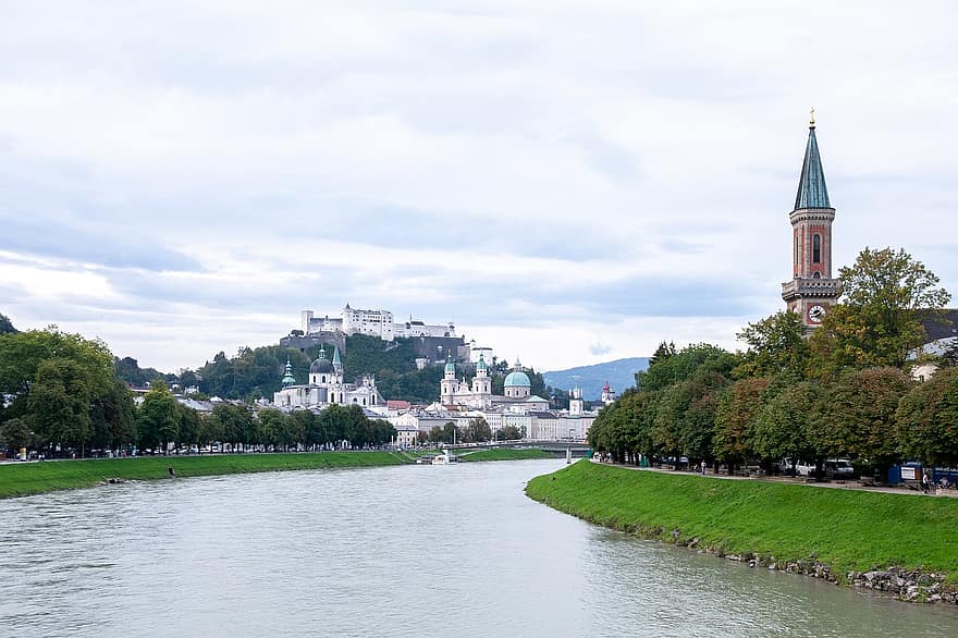 ciudad, río, viaje, turismo, Austria, Salsburgo, salzach, Hohenslazburg, destino, punto de referencia, lugar famoso