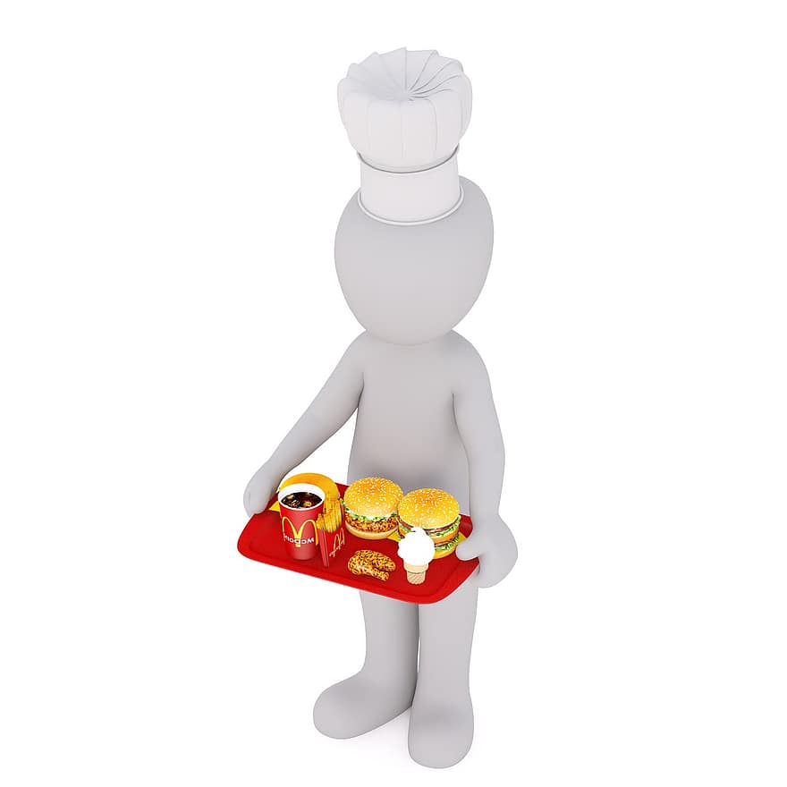 menjar escombraria, menjar ràpid, francès, hamburguesa, mascle blanc, Model 3D, aïllat, 3d, model, cos sencer, blanc