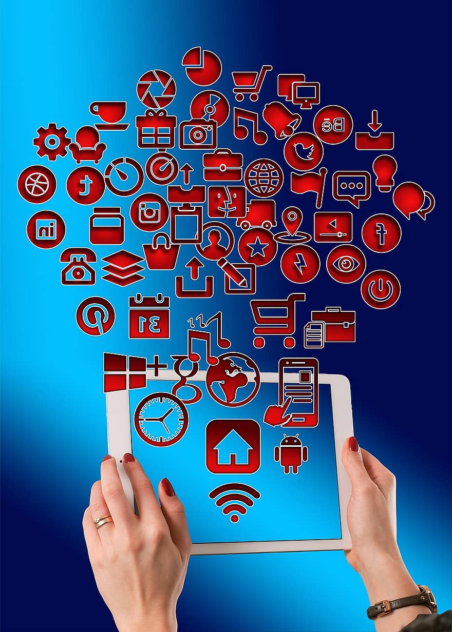 tablet, tangan, ipad, struktur, Internet, jaringan, sosial, jaringan sosial, logo, facebook, google