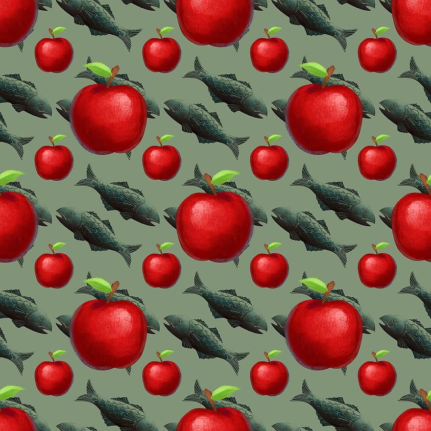 Äpfel, Fisch, Muster, Hintergrund, nahtlose Muster, Meereslebewesen, rote Äpfel, Lebensmittel