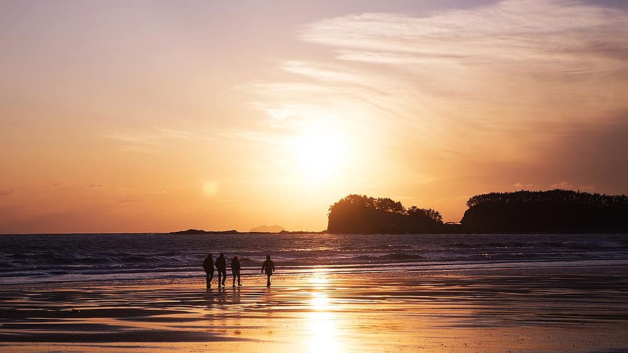 matahari terbenam, pantai, orang-orang, Korea, chungcheongnam-do, pantai berpasir, Pantai Mallipo, pasir, laut, matahari, sinar matahari