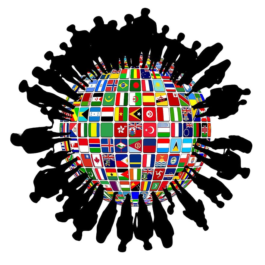 corrente humana, bandeiras, humano, grupo, globo, pessoal, internacional, globalização, mundo, humanidade, comunidade