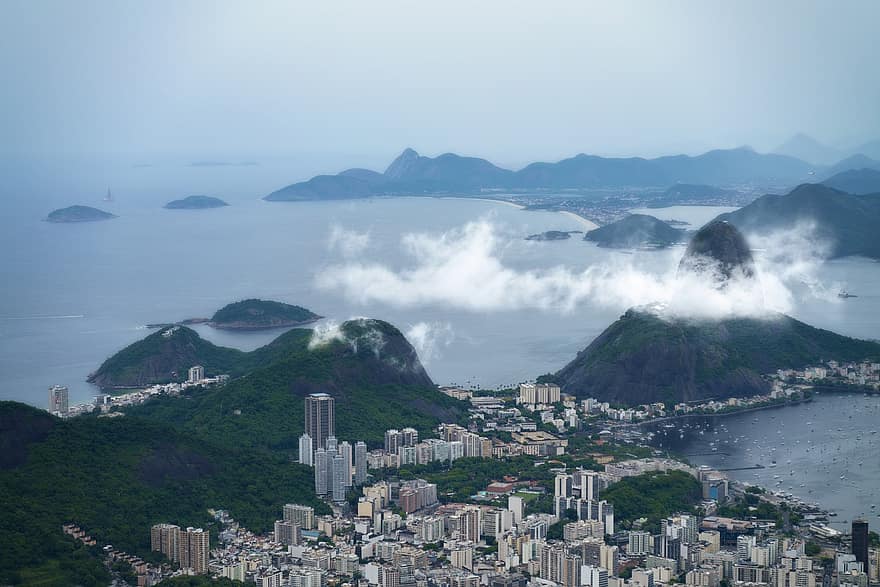 Рио де Жанейро, град, рано сутрин, Бразилия, остров, пътуване, изглед от въздуха, Южна Америка, обект на световното наследство на ЮНЕСКО, обект на световното наследство, океан