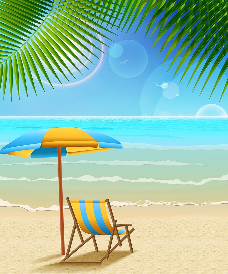 Beach, Sea, Umbrella, Beach Balls, Sunglasses, Flip Flops, Camera, Overhead, Outdoor, Blue, Hot
