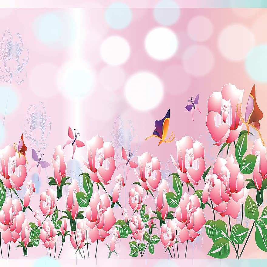 Nền màu hồng hồng, giấy kỹ thuật số, những con bướm, ra hoa, bokeh, Hoa hồng, bông hoa, cổ điển, bản mẫu, yêu và quý, lãng mạn