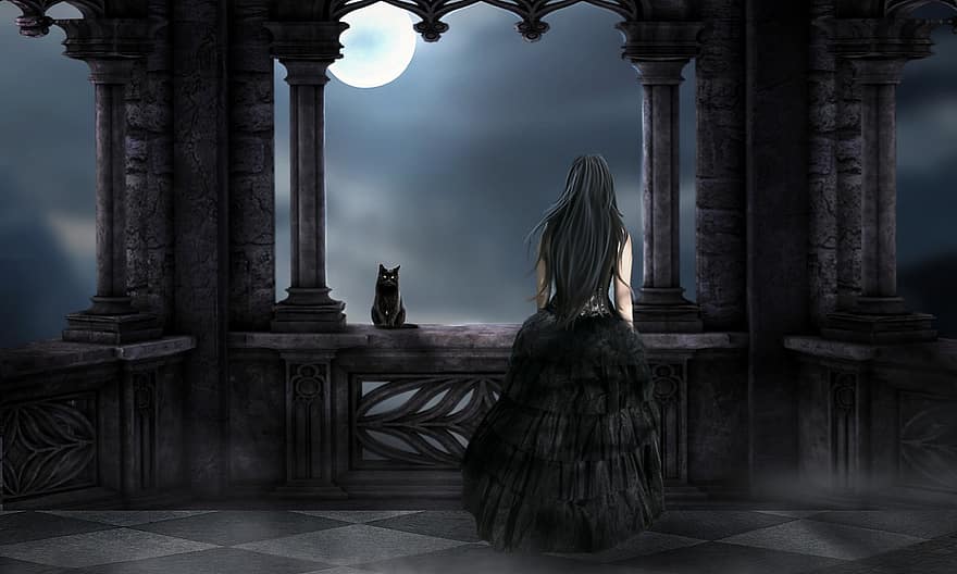 kvinna, stå, balkong, månsken, natt, katt, sorg, tystnad, mörk
