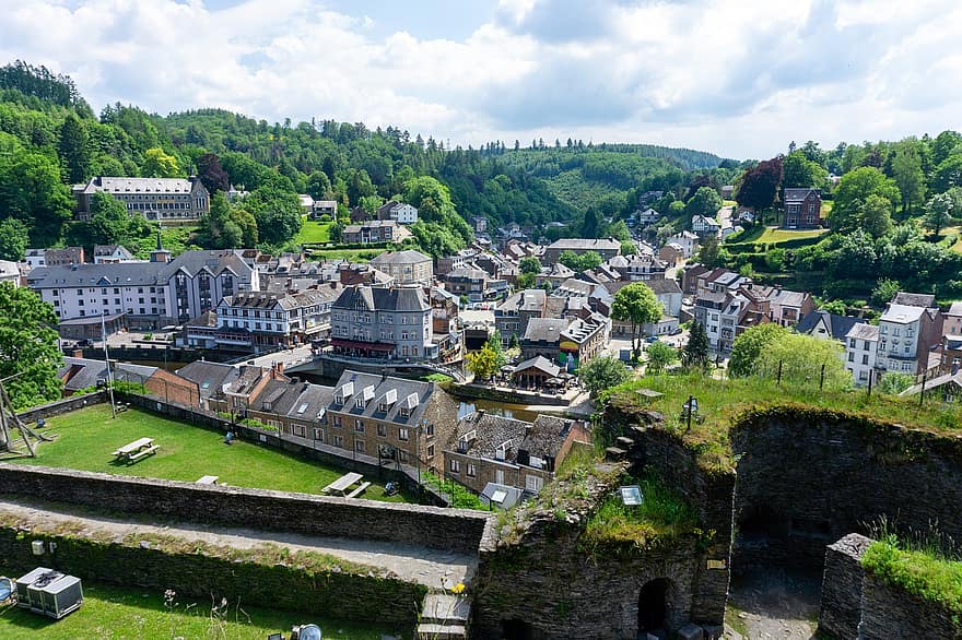 La Roche-en-ardenne, City, Mountains, Ruin, Fortress, Castle, Buildings, Houses, Trees, Urban, Scenery