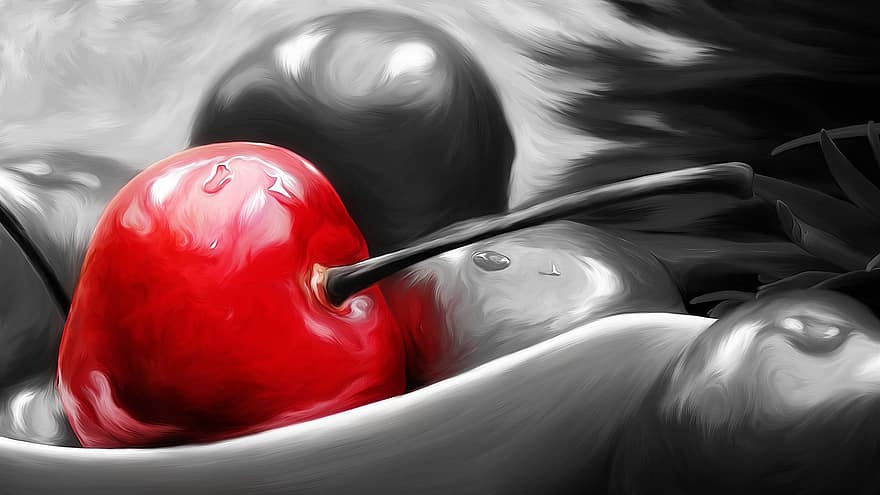 Cherry, Smudgepainting, Red, Grey, Fruit, Black, Nature