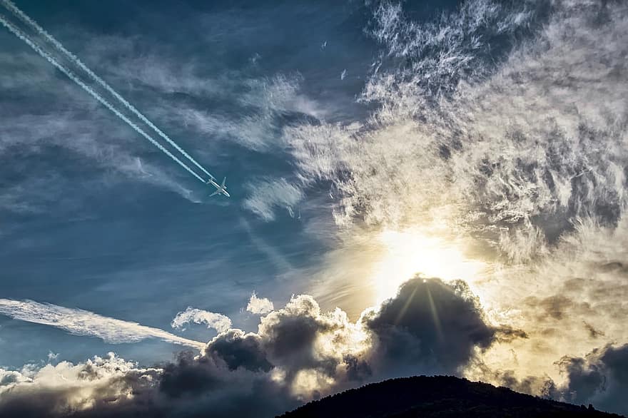 η δυση του ηλιου, ουρανός, σύννεφα, αεροσκάφος, επίπεδο, αεροπλάνο, πυκνό σύννεφο